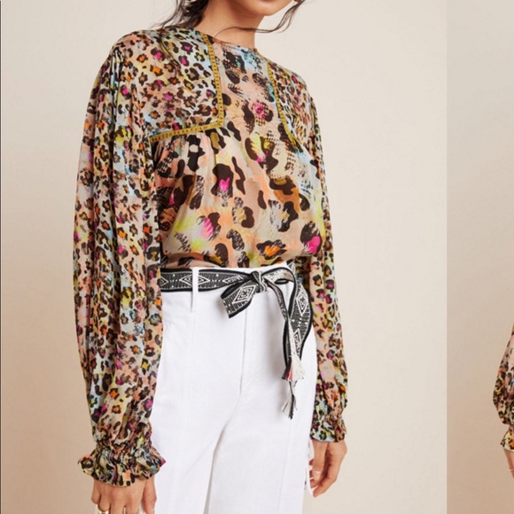 Anthropologie Bl^nk London Miranda Peasant Blouse Blank multi cheetah print S - Picture 1 of 9